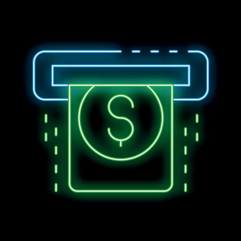 Neon atm cash machine withdrawing money icon glowing on dark background vector