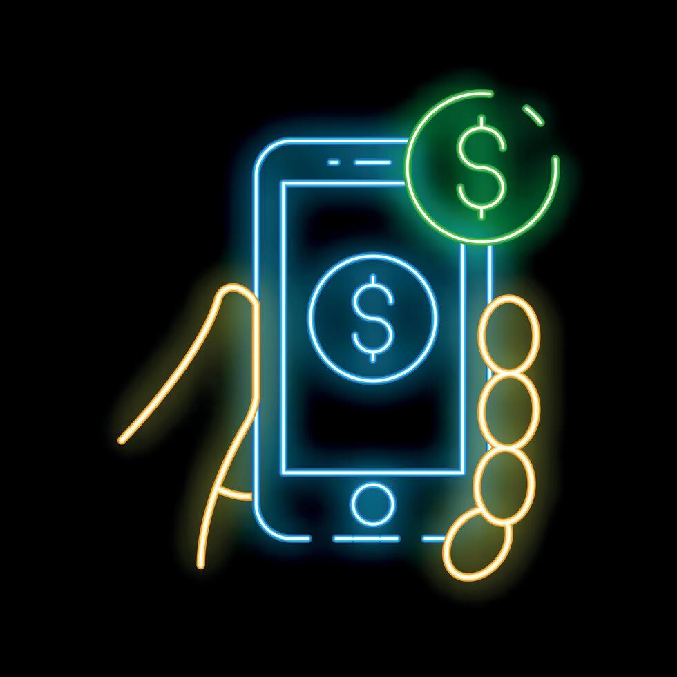 Hand holding smartphone with dollar coins showing mobile payment concept in neon style vector