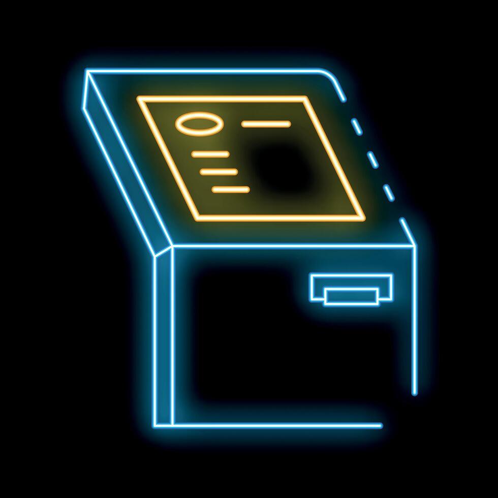 Neon atm machine with a blank screen on a black background vector
