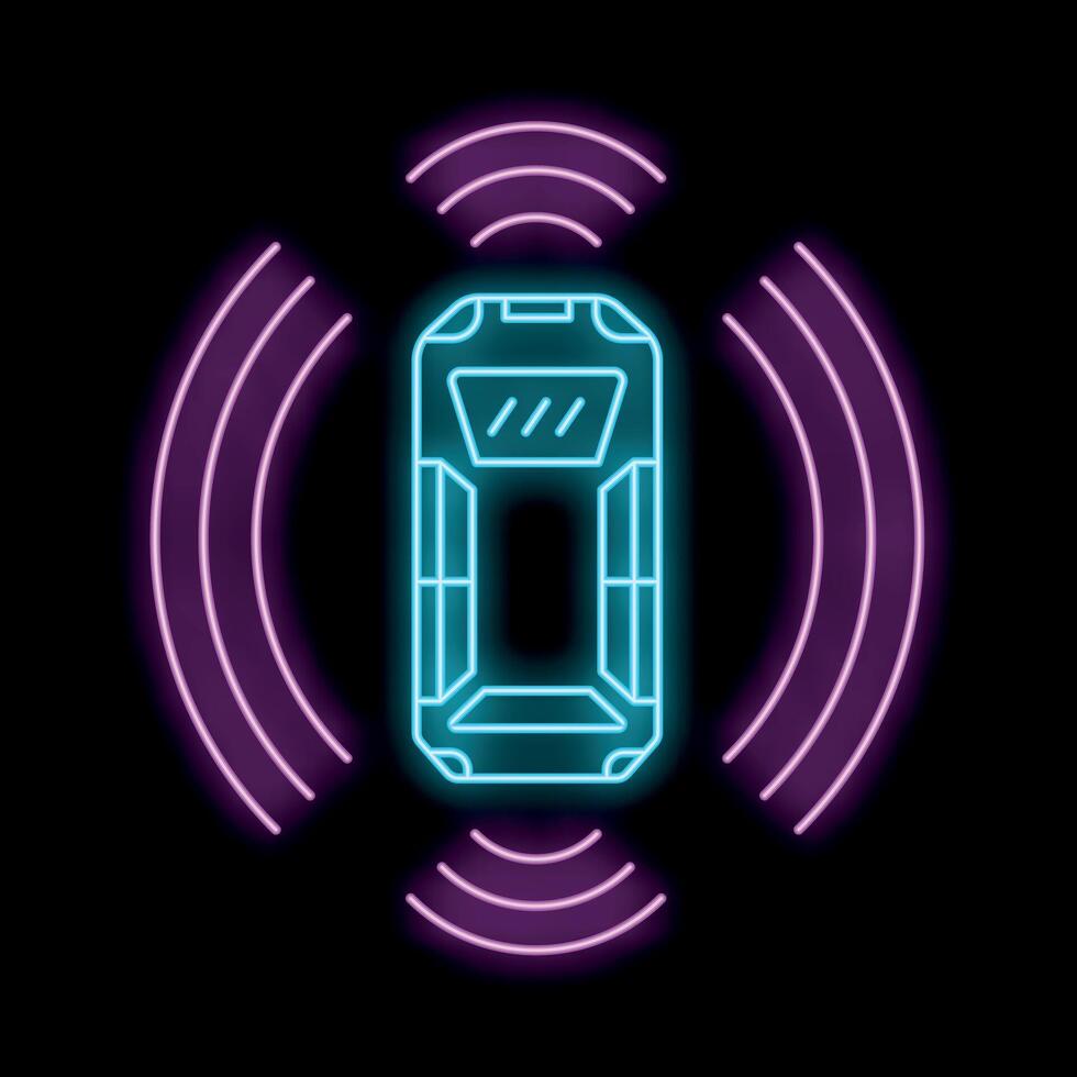 Neon sign of portable battery emitting wifi signal on black background vector