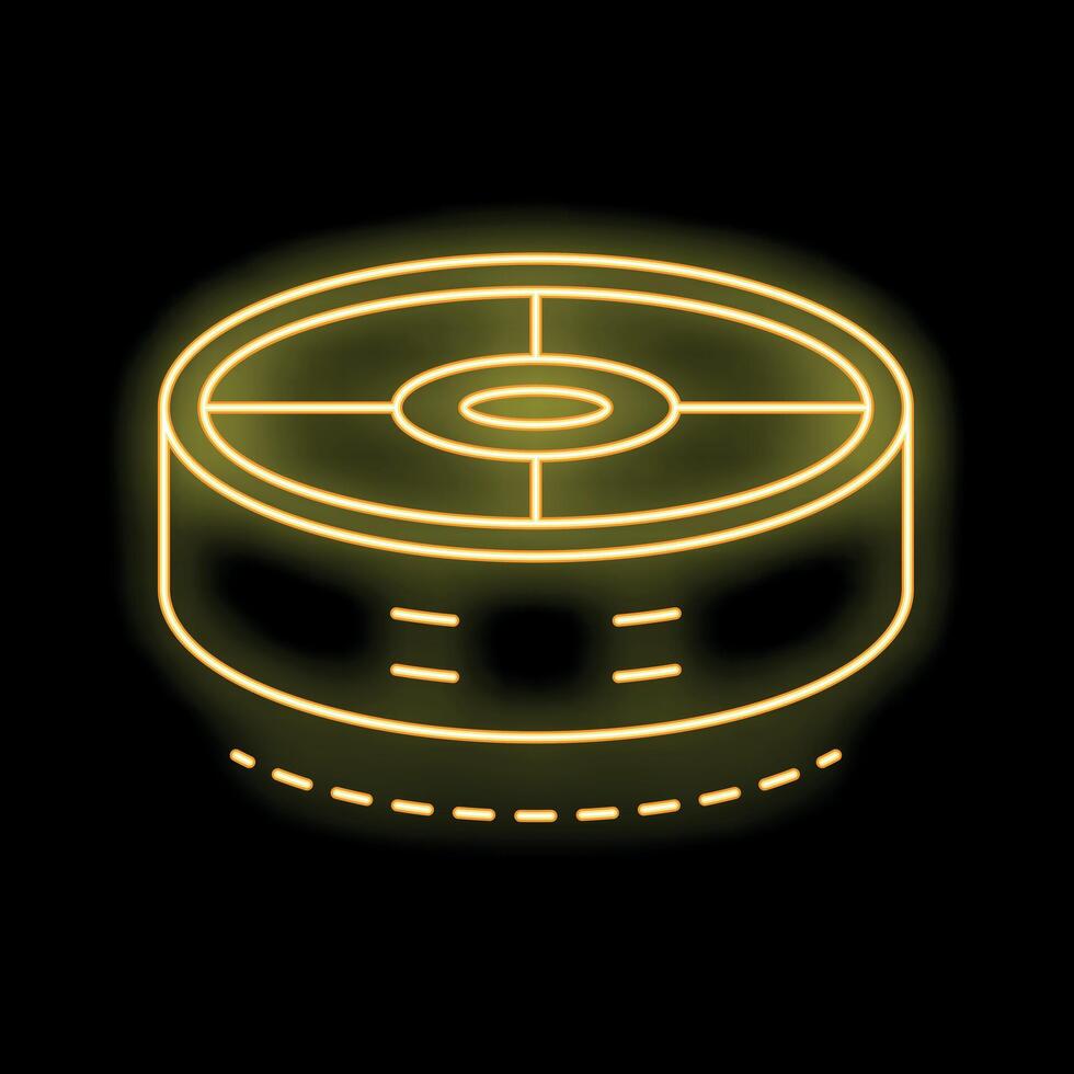 Neon yellow robot vacuum cleaner working on black background icon vector