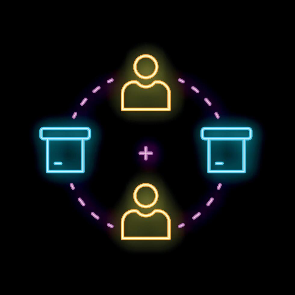 Neon icon of people sharing files representing data exchange concept vector
