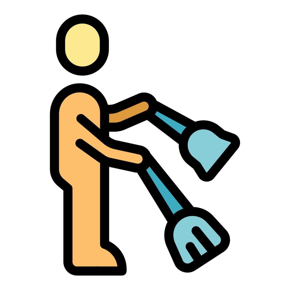 Cleaning service worker holding dustpan and broom minimalist icon vector