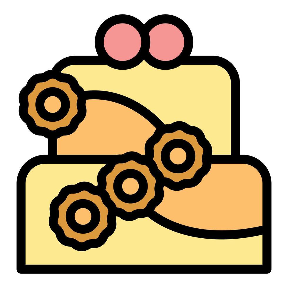 Two tiered cake with chocolate decoration and pink chocolate balls on top vector