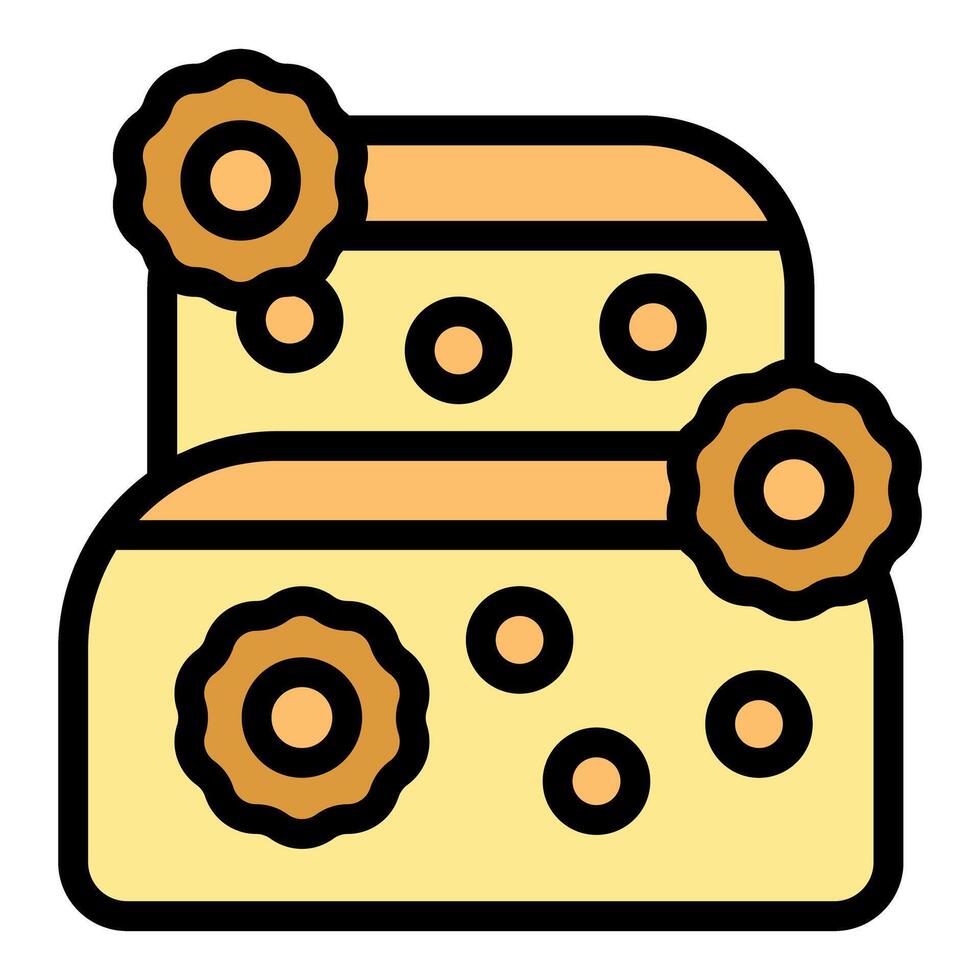 Two tiered cake decorated with flowers and dots being iced for a celebration vector