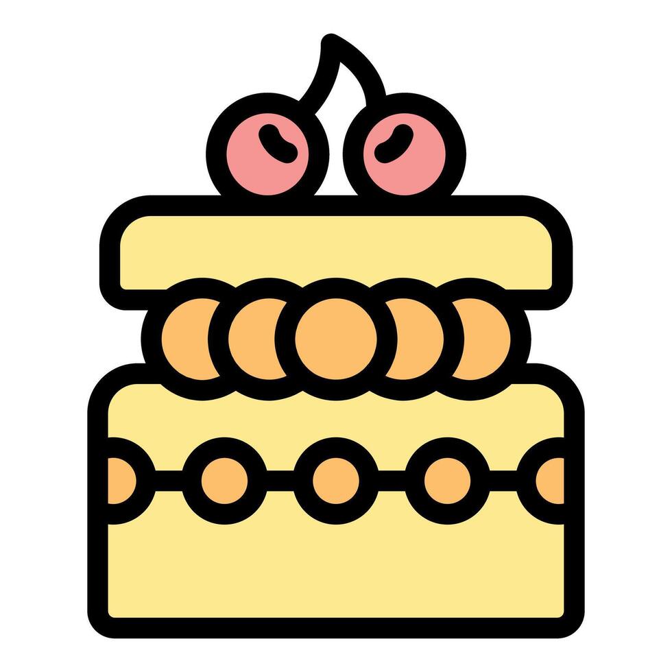 Delicious square cake decorated with cherries and round cookies icon vector