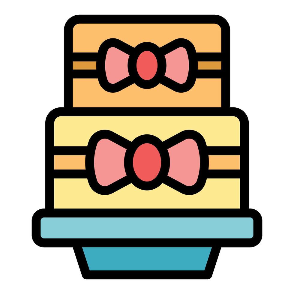Two tiered cake with bows sitting on cake stand icon vector