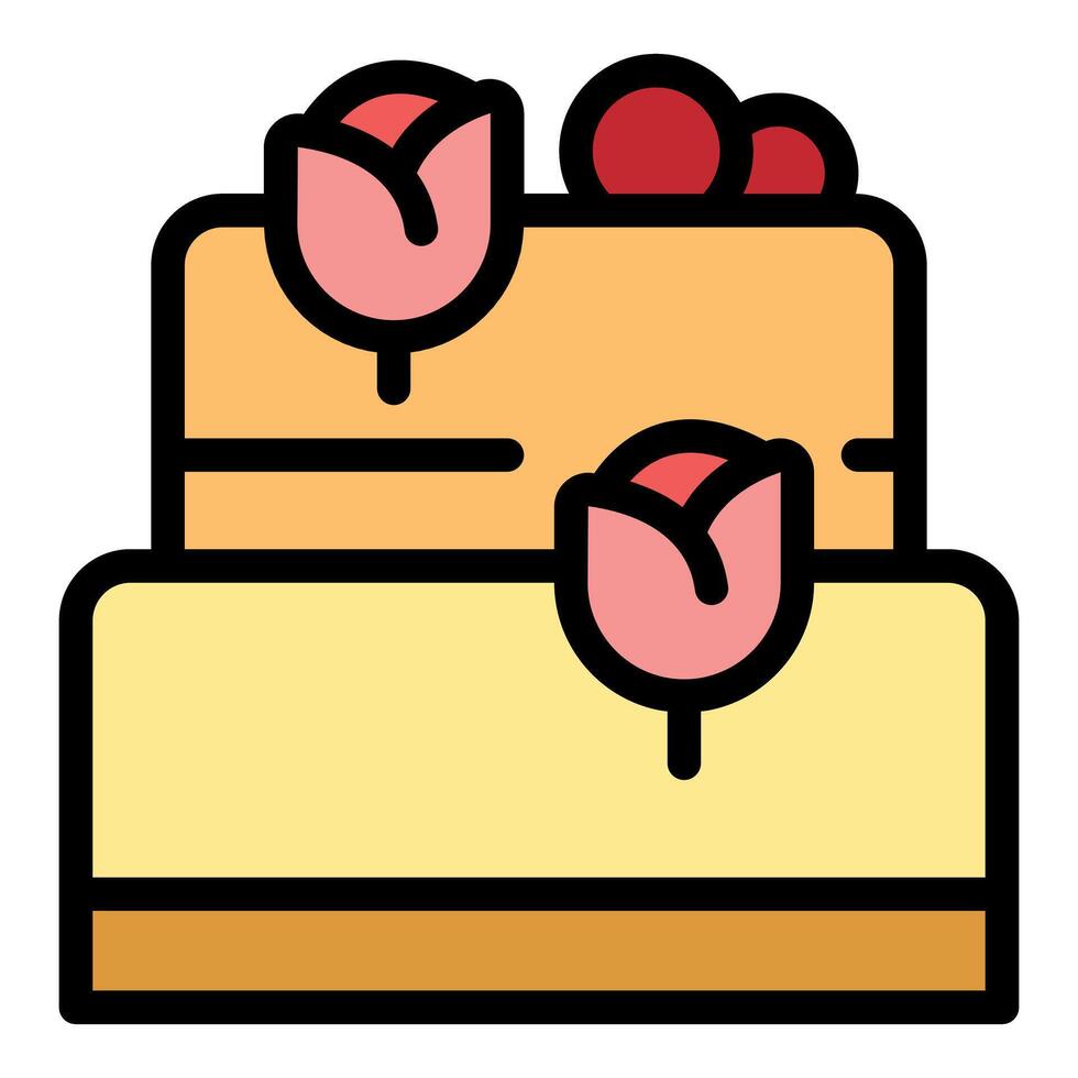 Two tiered cake decorated with flowers and berries icon vector