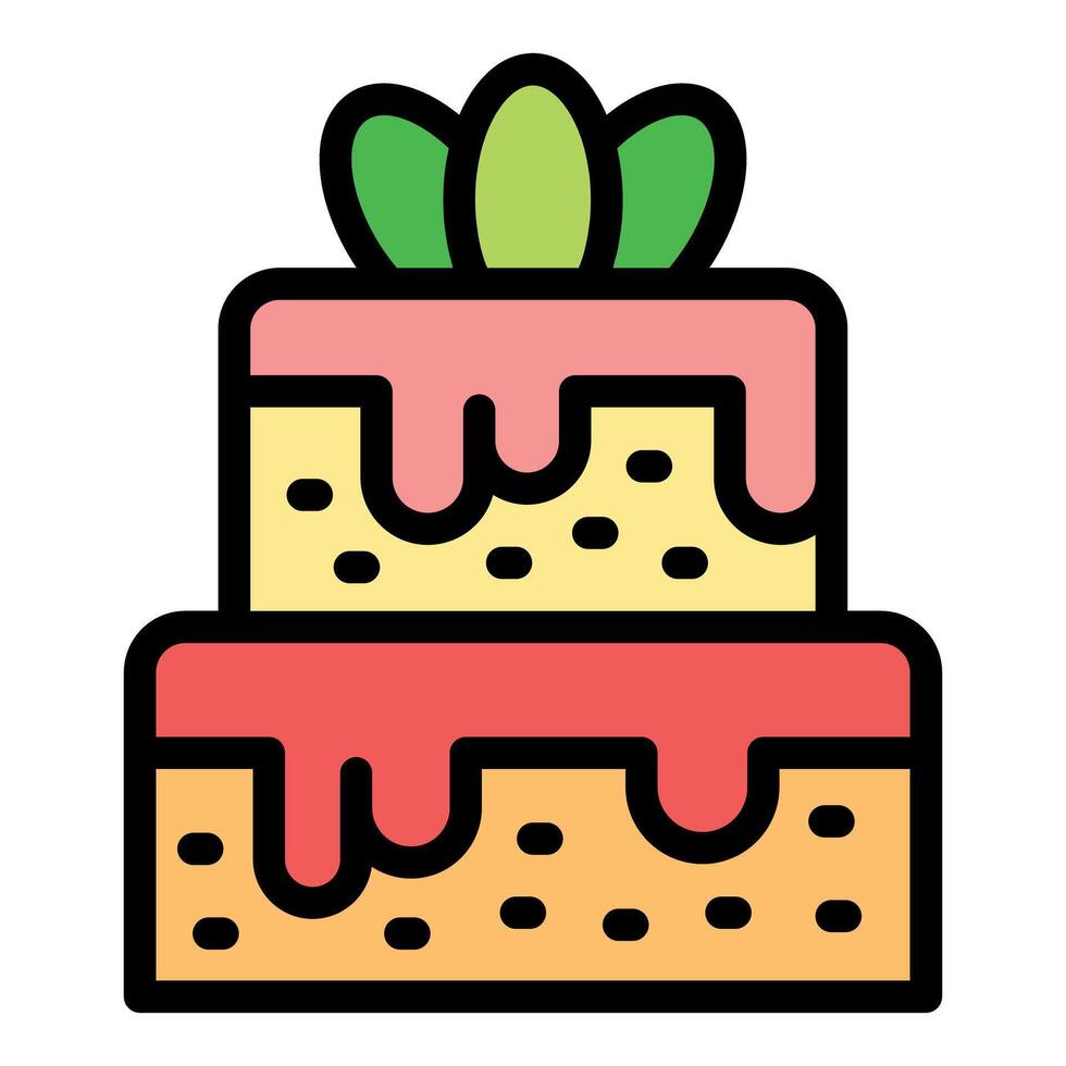 Two tier cake with green leaves is covered with dripping icing vector