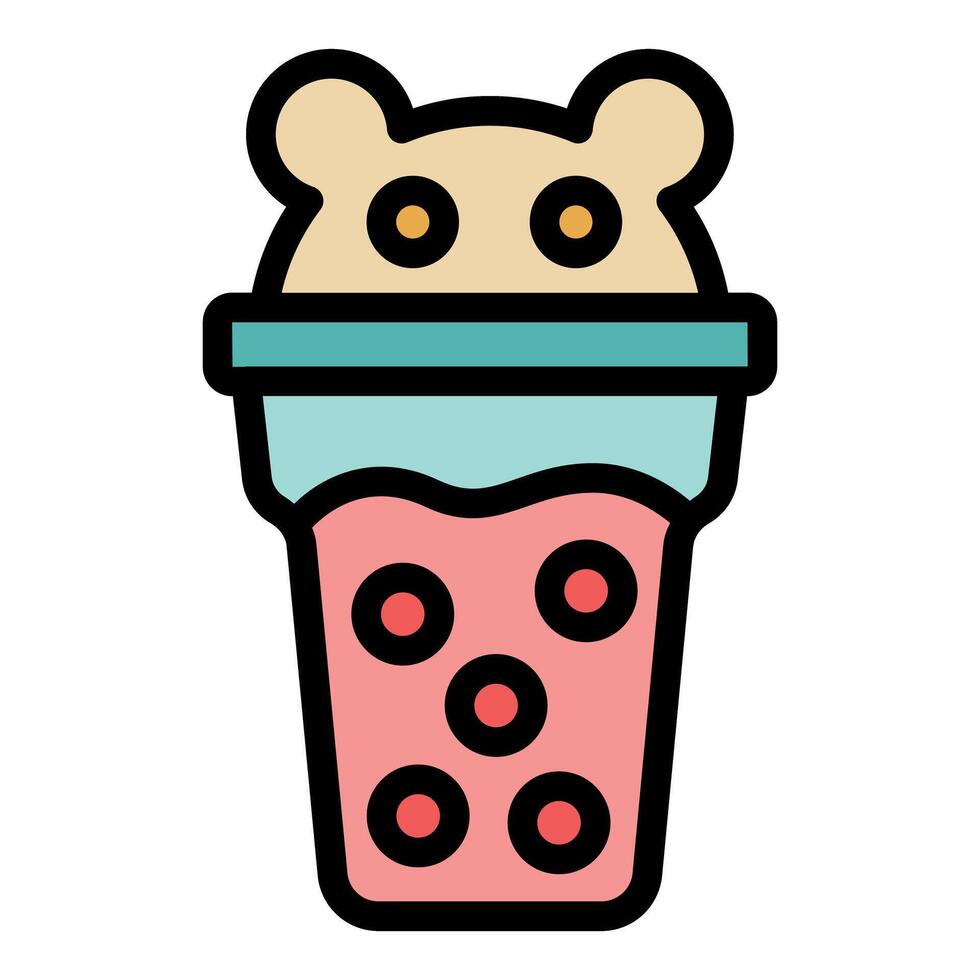 Plastic cup with lid and cute bear drinking bubble tea icon vector