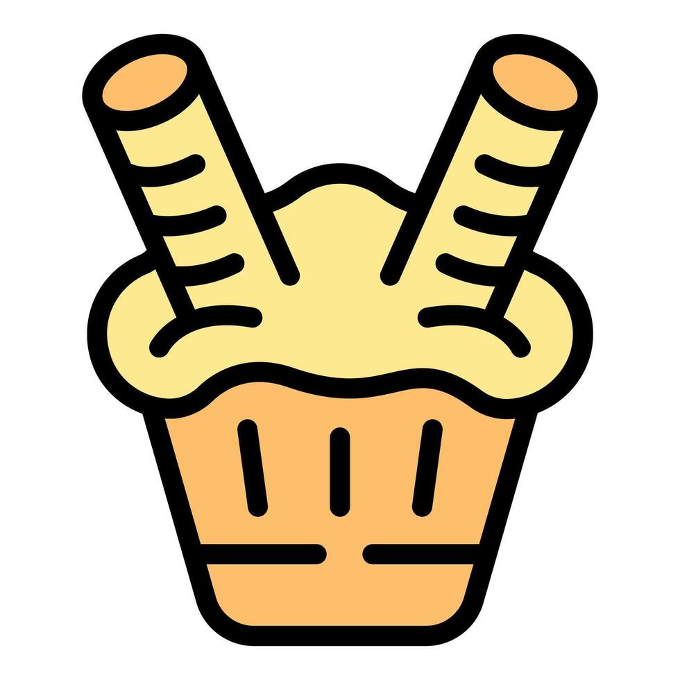 Cupcake with cream and wafer rolls icon vector illustration