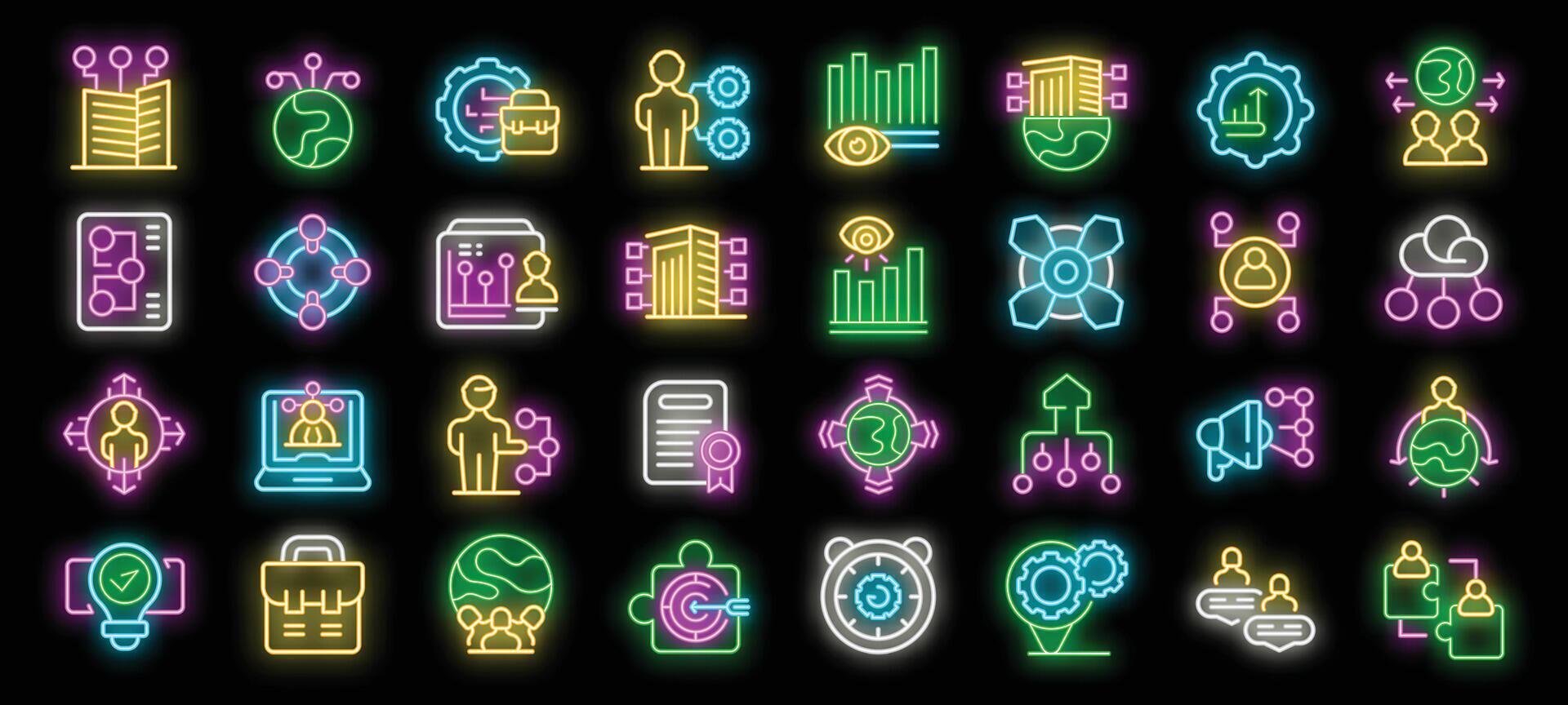 Business company structure organization management hierarchy neon icon set vector