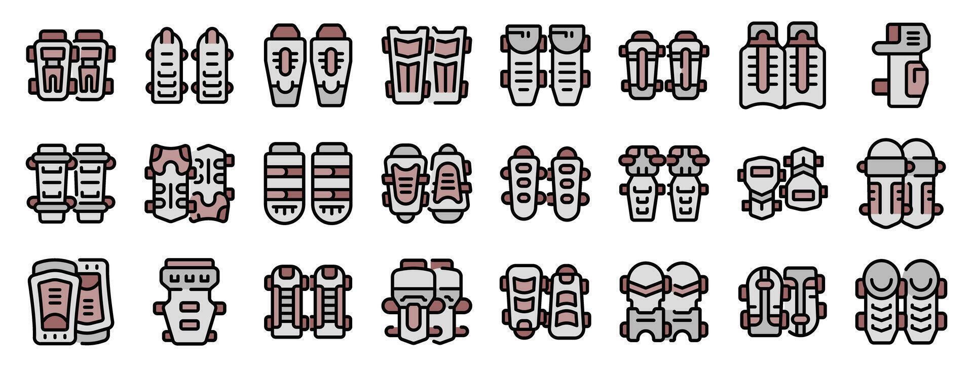 Set of knee pads icons showing different types of knee protection for sports and activities vector