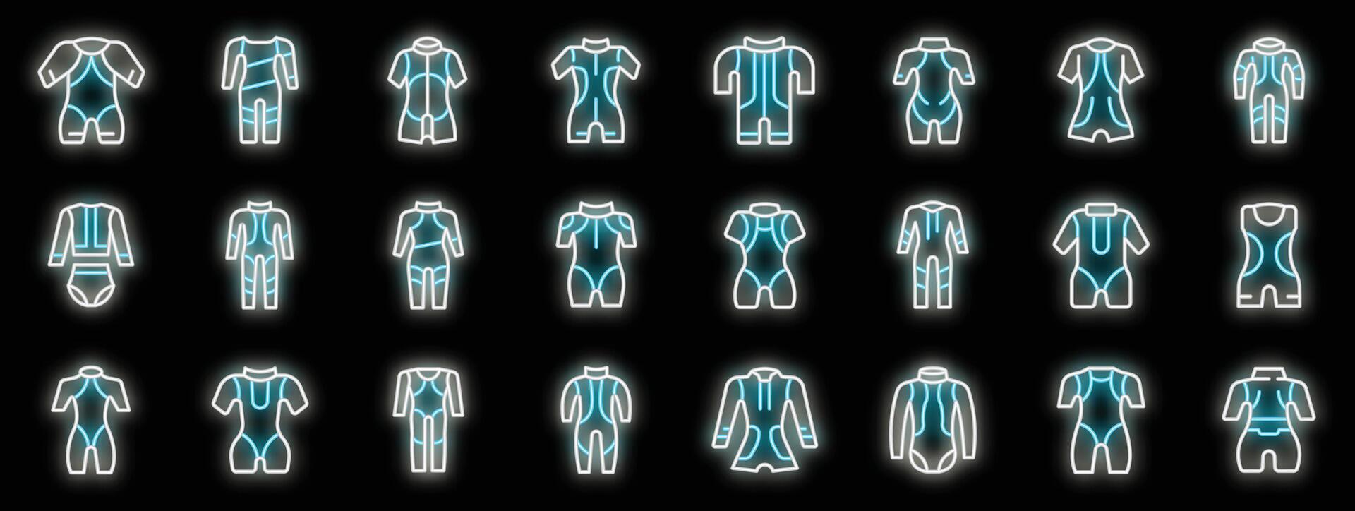 Set of diving suit neon icons glowing on dark background vector