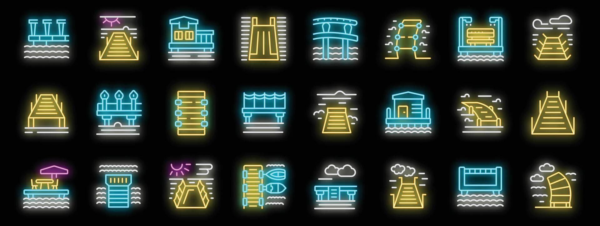 Set of pier and jetty neon light icons showing coastline structures vector