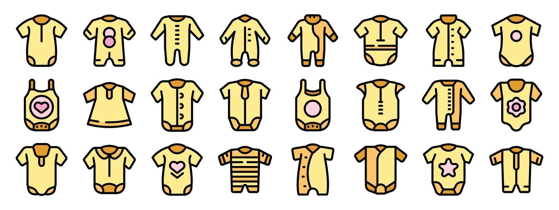 Baby clothes set with bodysuits, sleepsuits and rompers featuring cute decorations vector