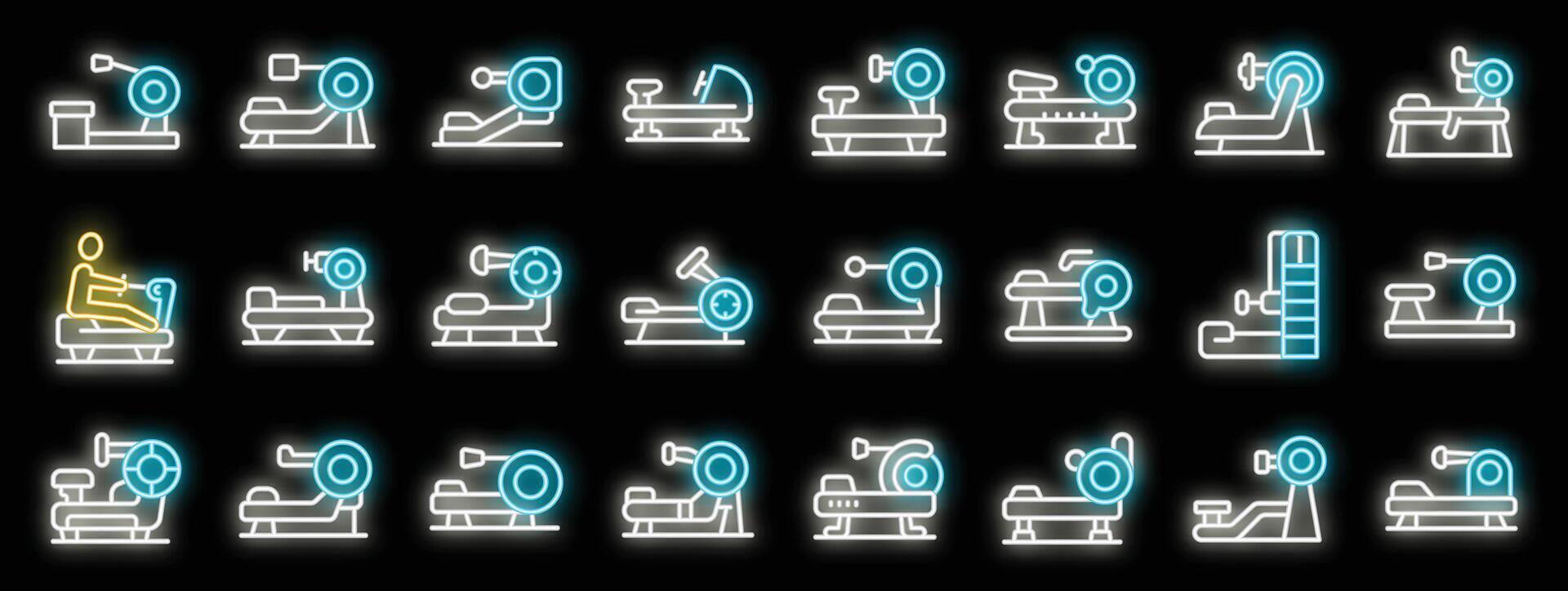 Set of gym equipment neon icons showing different workout machines vector