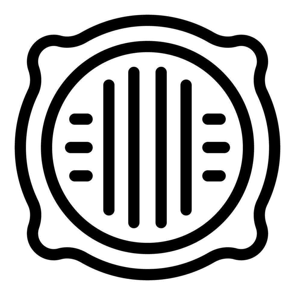 Black outline icon of a round manhole cover with holes and a square frame vector