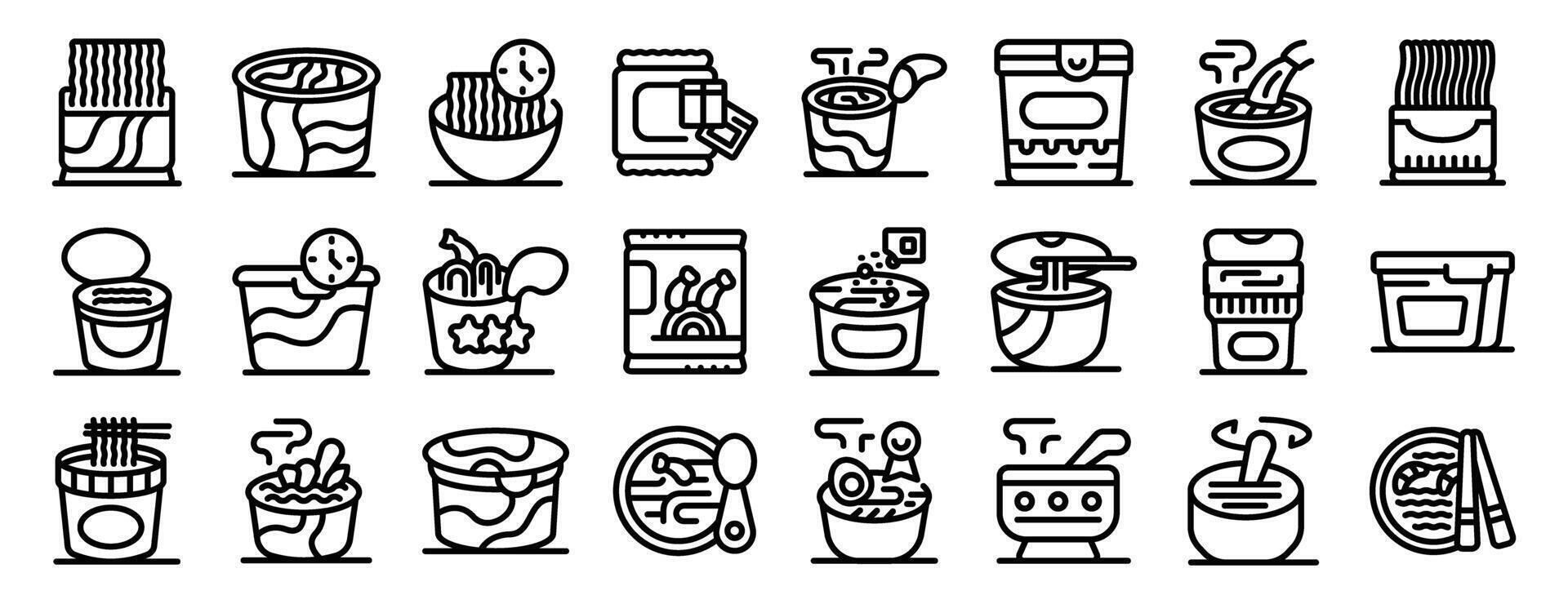 Instant soup icons set. Big set of instant noodles icons showing different types of packaging and preparation methods vector