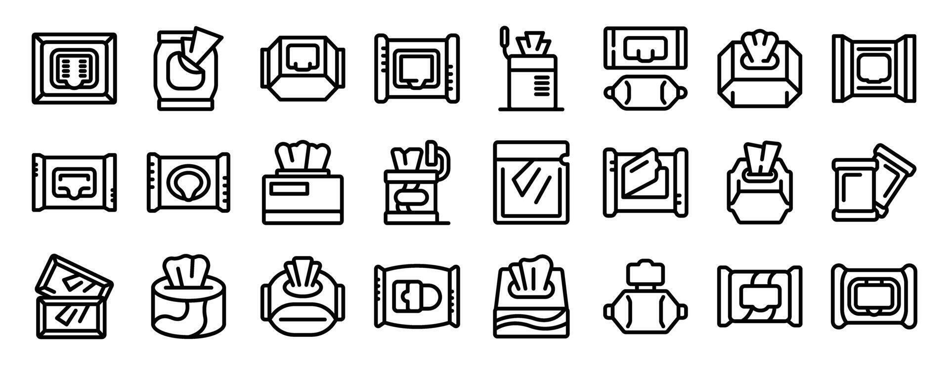 Wet wipes package icons set. Different types of wet wipe packages for cleaning and disinfecting vector