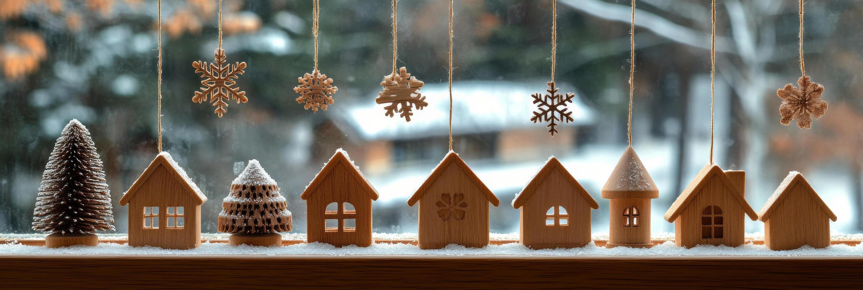 Winter decorations featuring wooden houses and snowflakes hanging in a cozy indoor setting photo