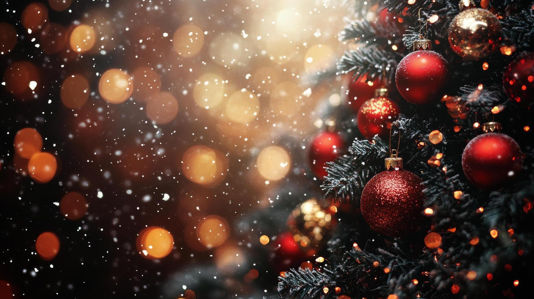 Festive Christmas tree adorned with ornaments and shimmering lights during a snowy winter evening photo