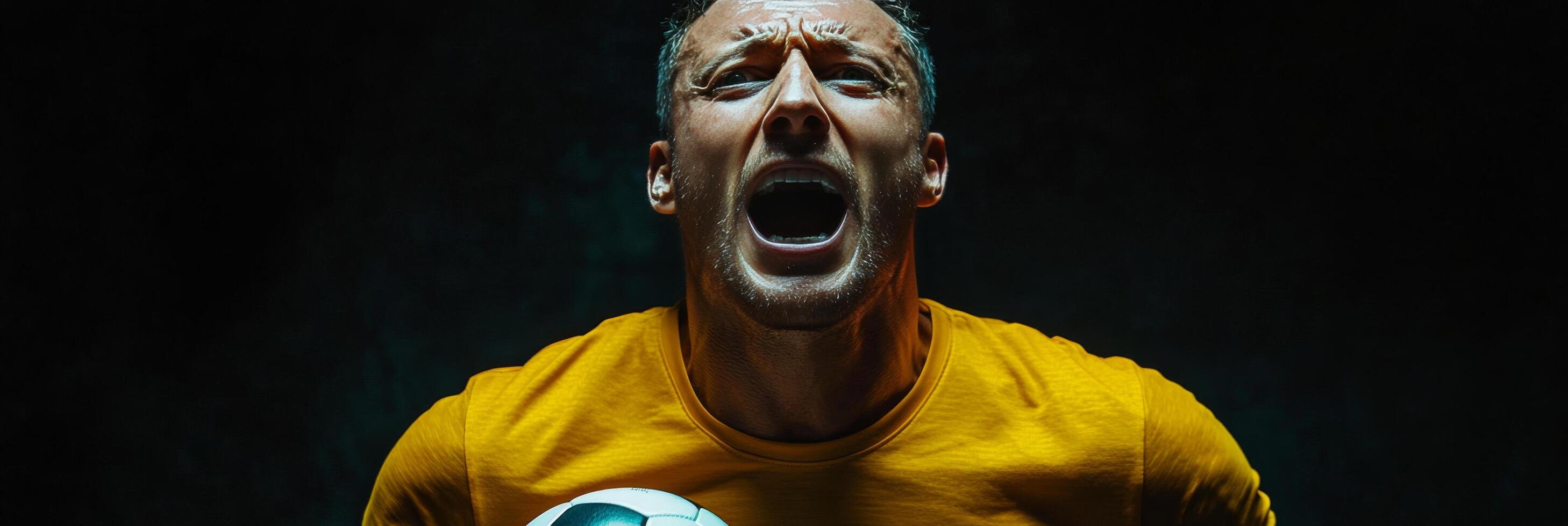 A soccer player passionately celebrating a goal in a dimly lit environment during a night match photo