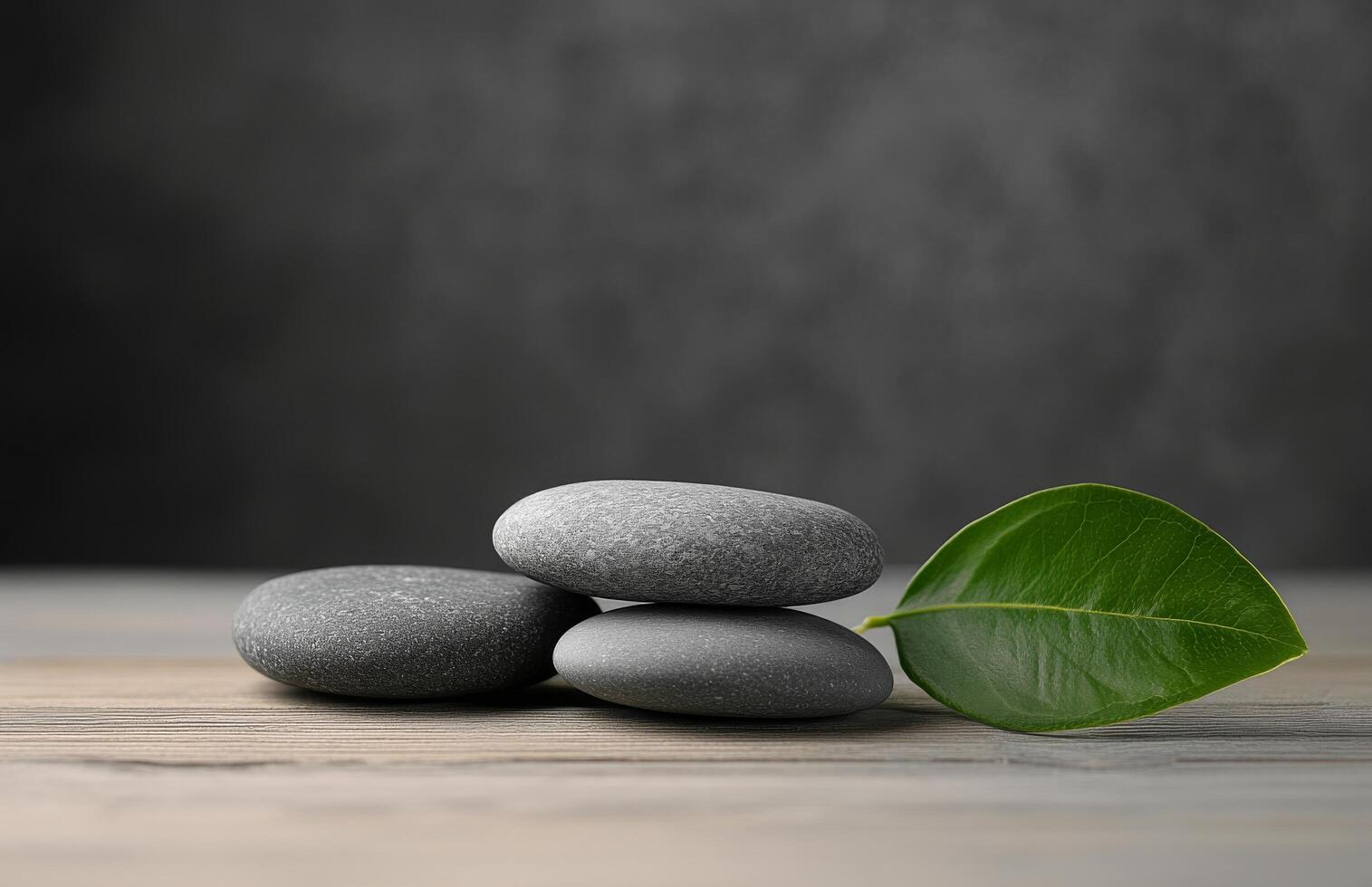 Relaxing stack of smooth stones with a green leaf on a wooden surface for wellness aesthetics photo