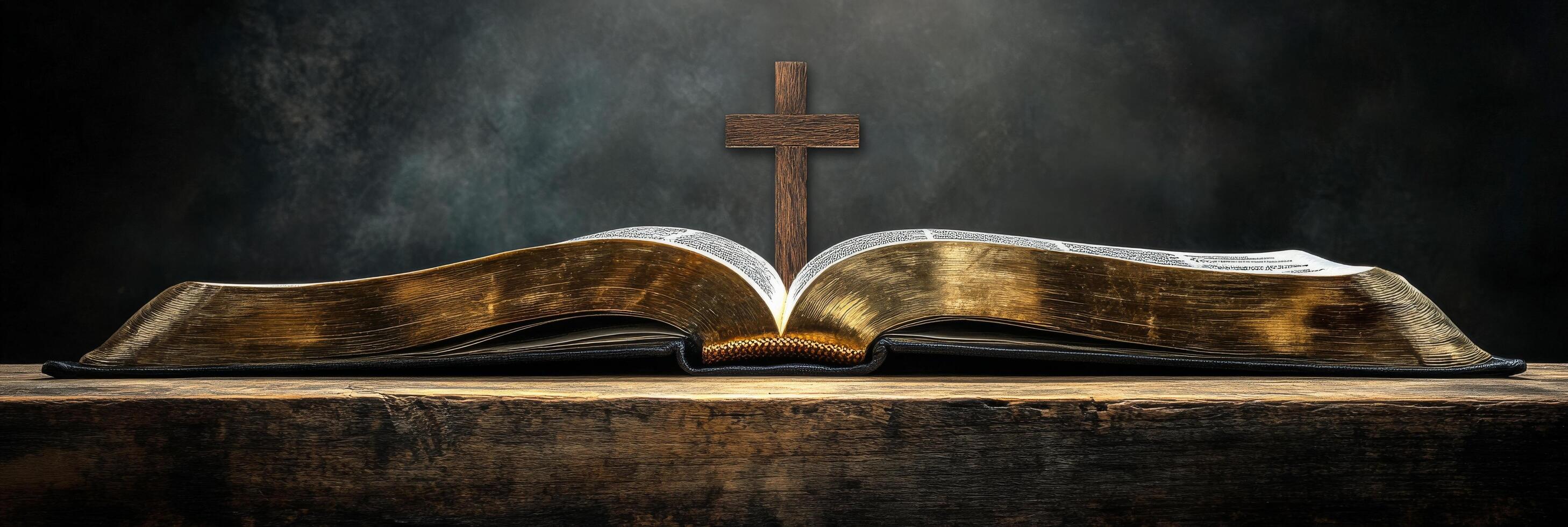 An open Bible resting on a wooden surface with a cross illuminated by soft light photo