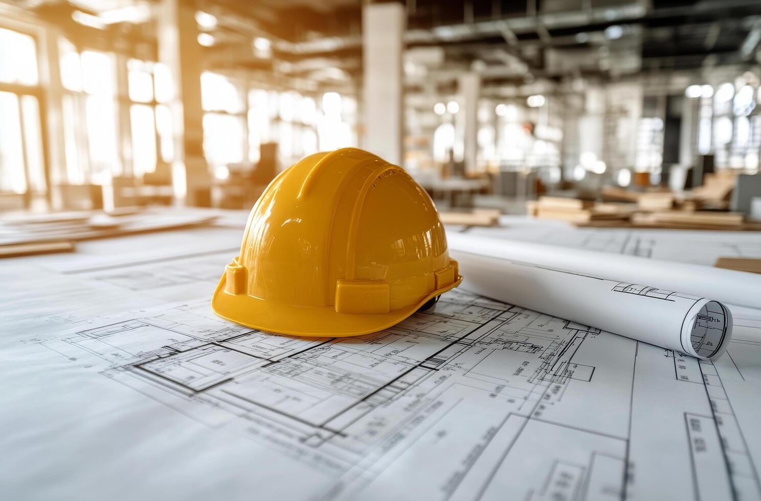 Yellow hard hat rests on blueprints in a sunlit construction office during late afternoon photo