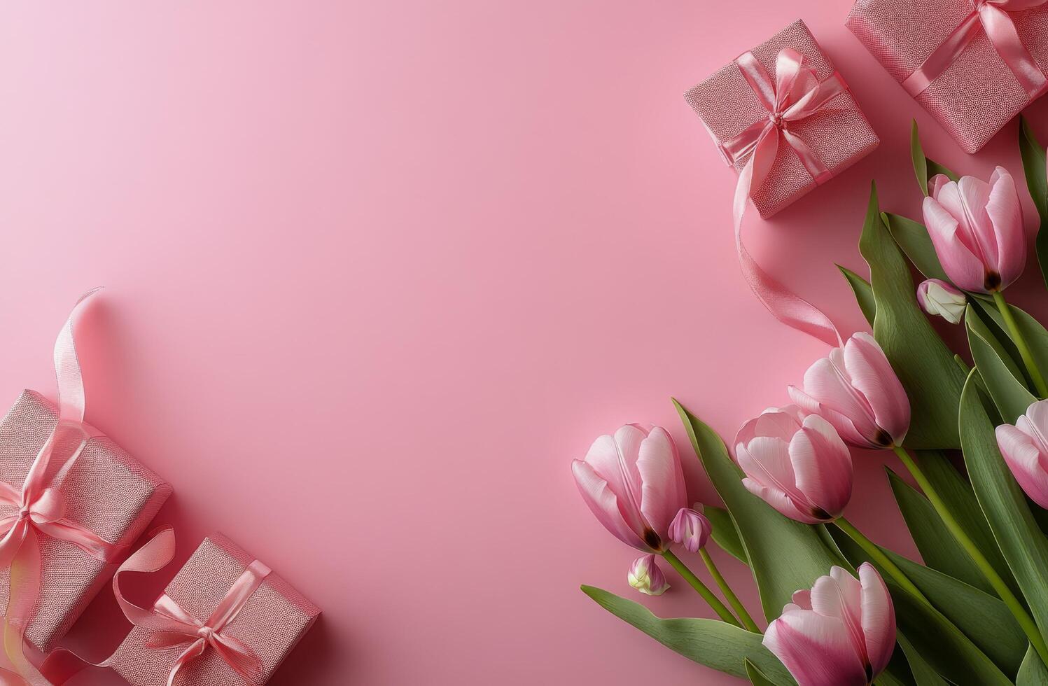 Pink tulips and gift boxes arranged on a pink background for a festive celebration photo