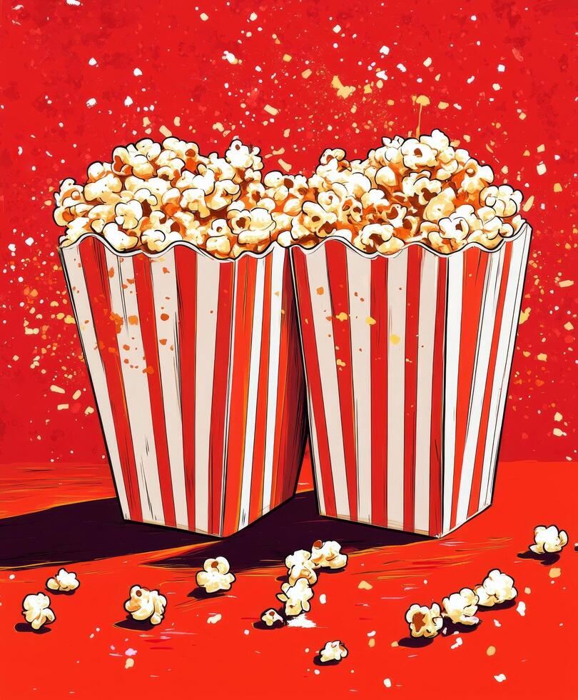 Crunchy popcorn in striped boxes arranged on a vibrant red background with scattered pieces photo