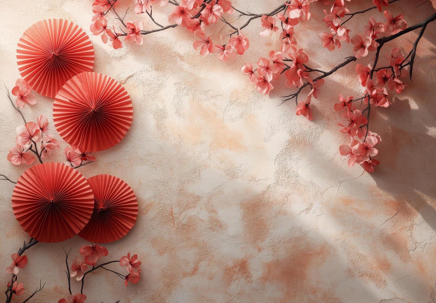 Elegant display of cherry blossoms and paper fans on a light background for spring decor photo