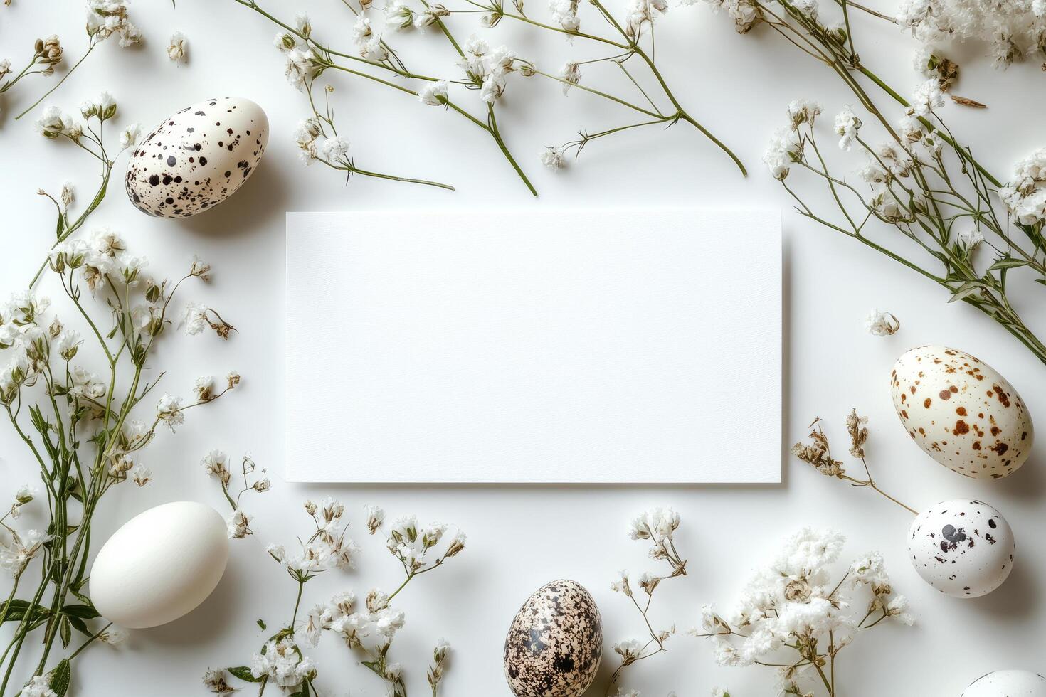 Springtime arrangement of colorful eggs and wildflowers on a rustic surface in bright daylight photo
