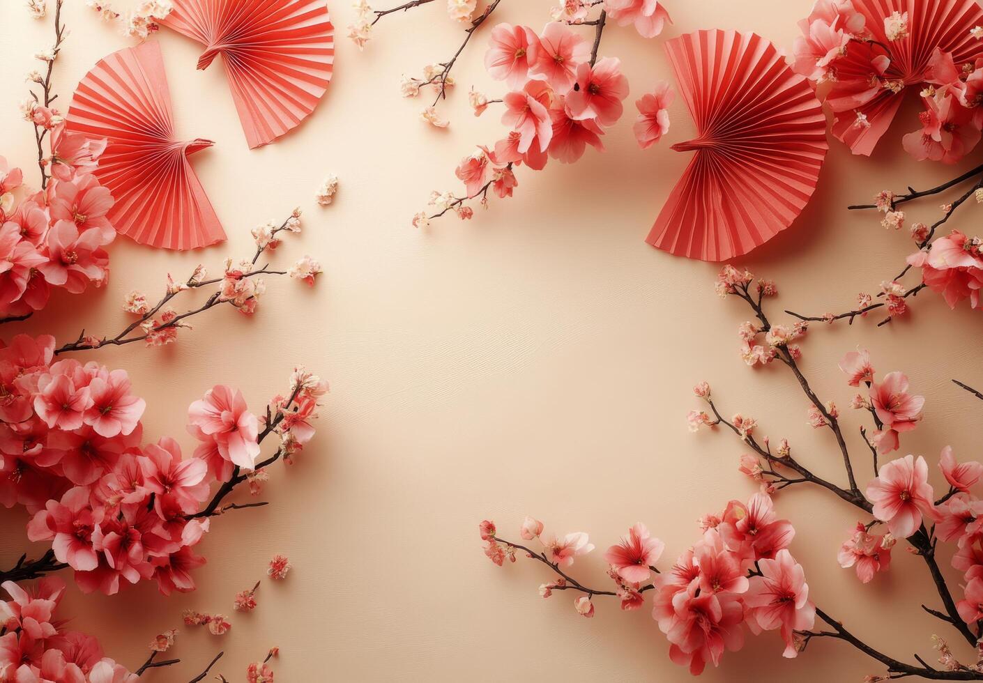 Elegant display of cherry blossoms and paper fans on a light background for spring decor photo
