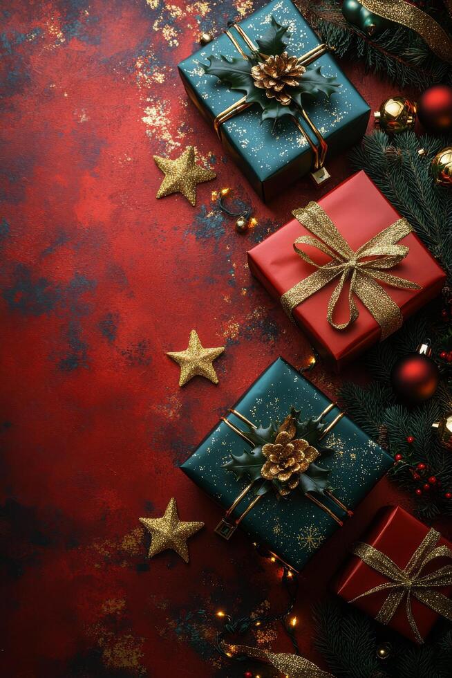 Festive holiday gifts arranged on a vibrant red background with decorative elements and greenery photo