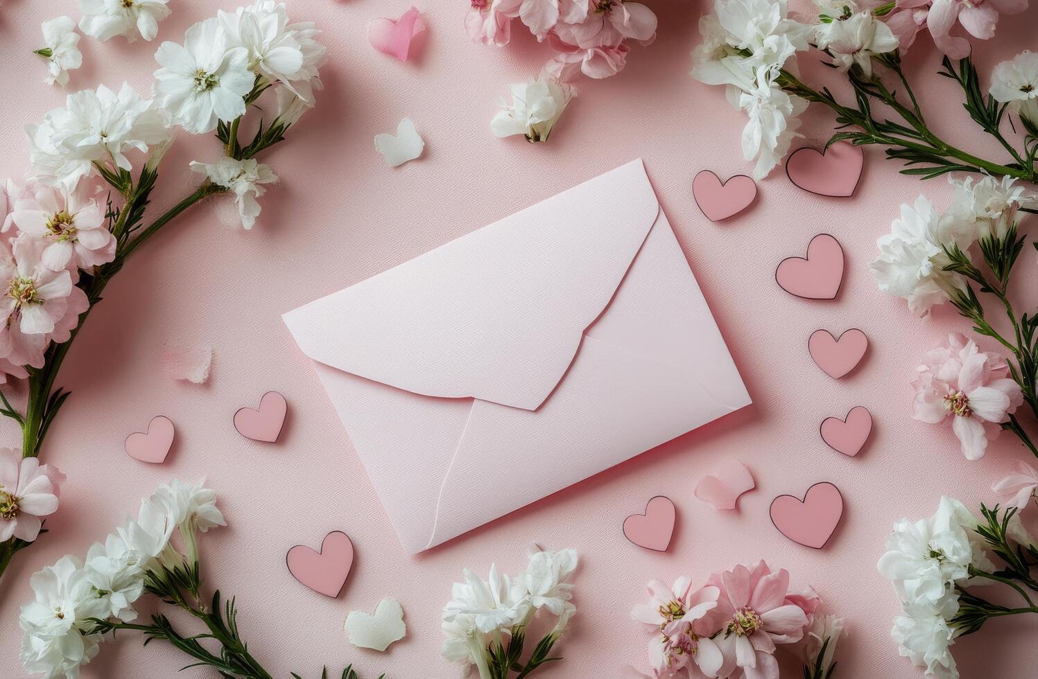 A beautiful arrangement of pink flowers and hearts surrounding a pink envelope on a soft background photo