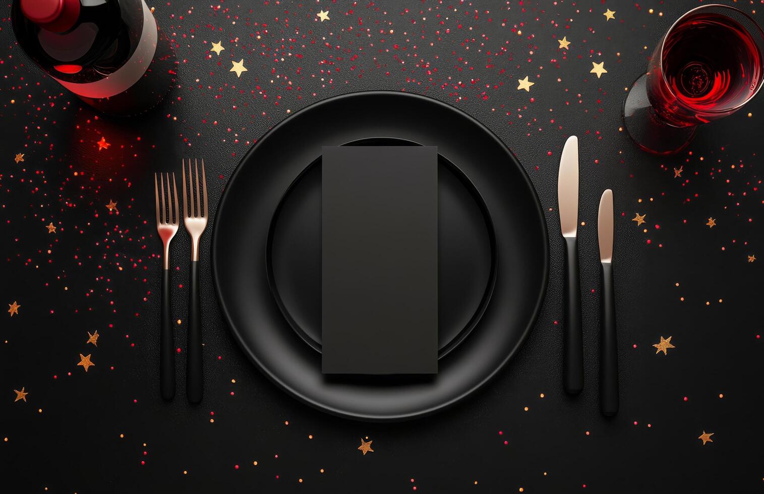 Elegant dinner setting with red wine, black plate, and golden cutlery on a dark table photo