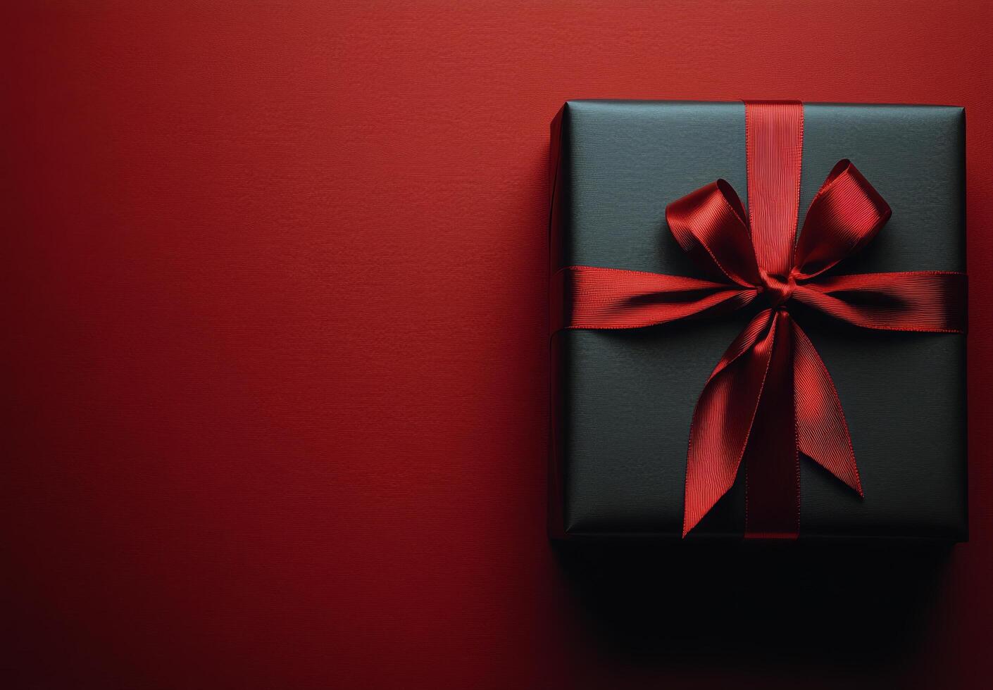 A beautifully wrapped black gift box with a red ribbon on a vibrant red backdrop photo