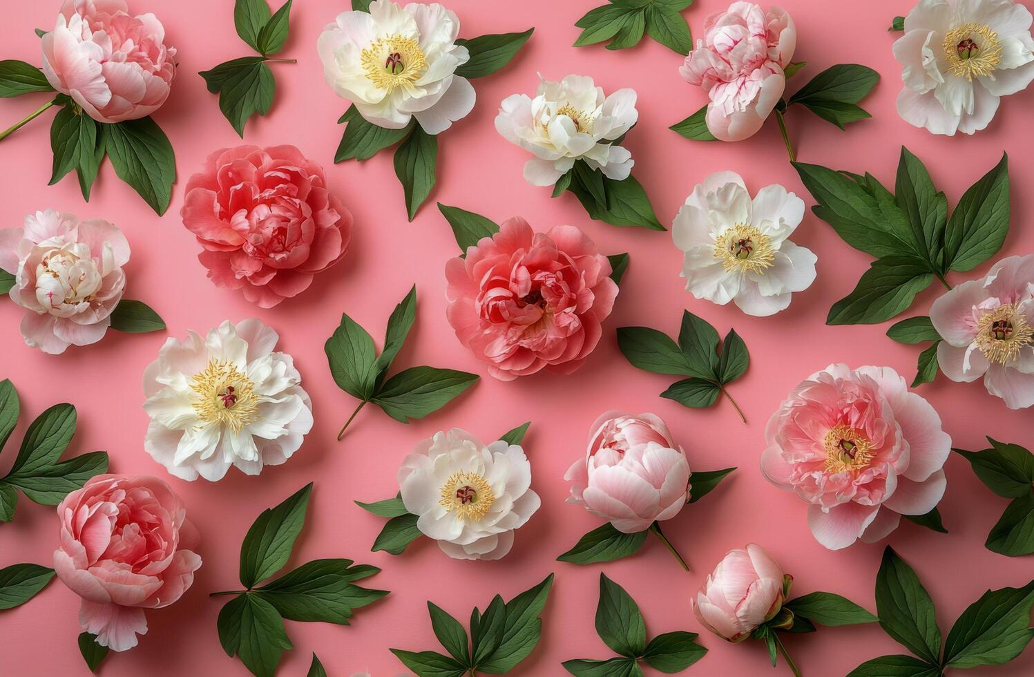 Three white peonies arranged on a soft pink background in bright natural light photo