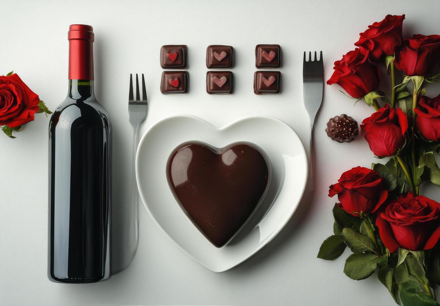 Romantic dinner setup with red roses, chocolates, and wine for a special occasion photo