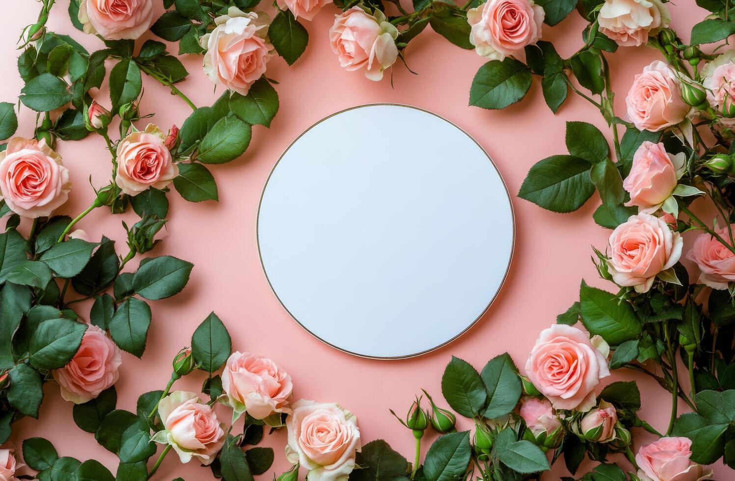 Elegant arrangement of pink roses surrounding a blank plate on a soft pink background photo
