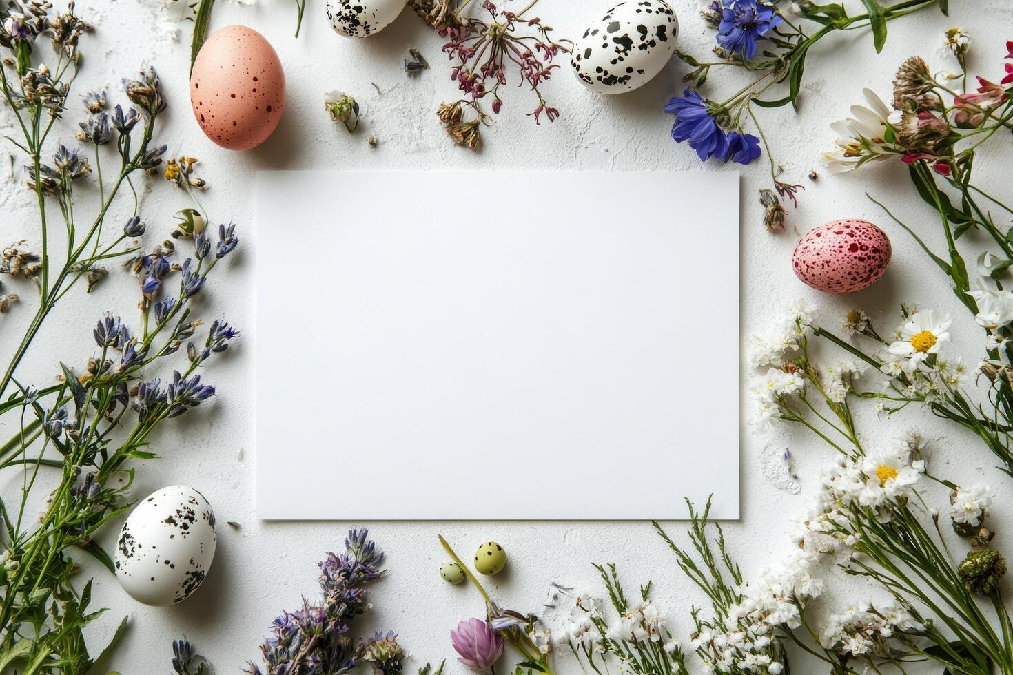 Springtime arrangement of colorful eggs and wildflowers on a rustic surface in bright daylight photo