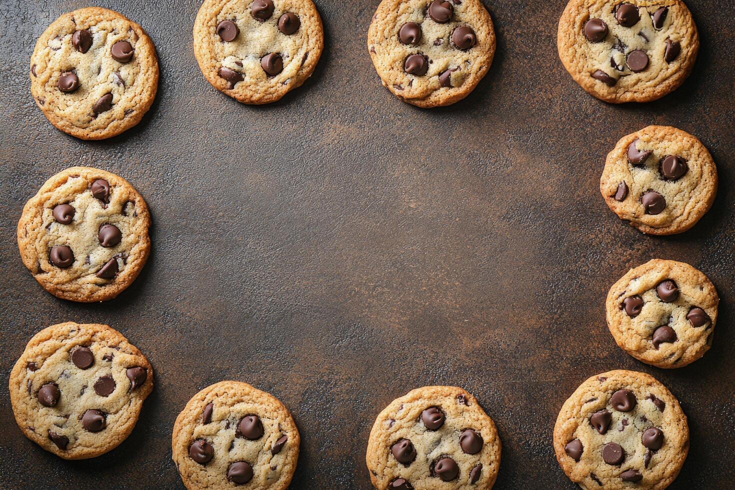 Freshly baked chocolate chip cookies arranged on a rustic baking surface for a cozy treat photo