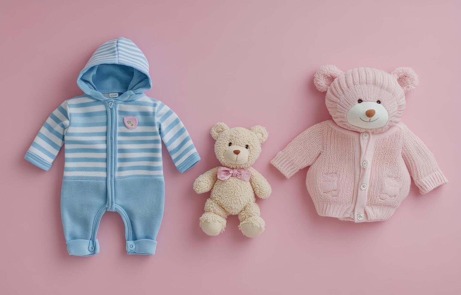 Sweet baby clothes and toys arranged on a soft pink background for a charming nursery display photo