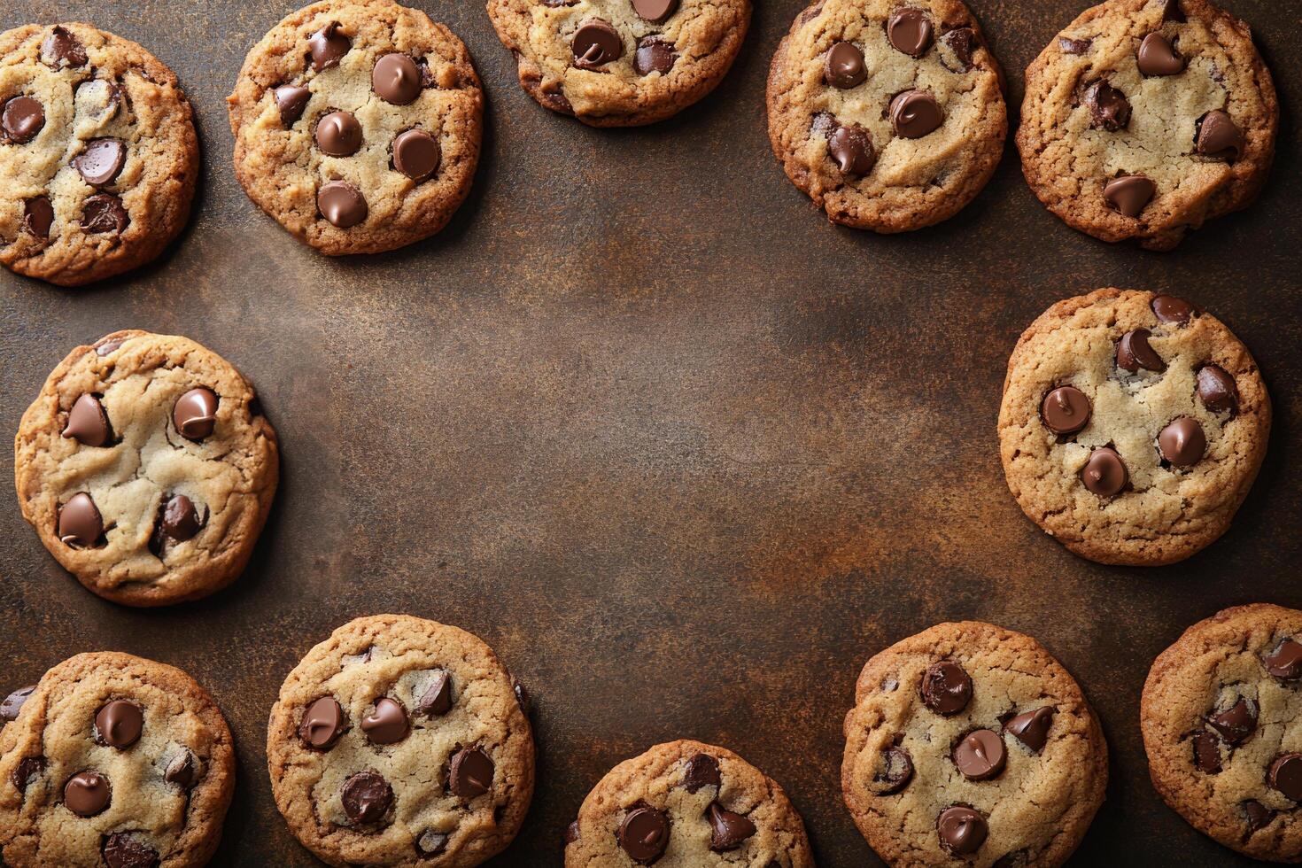 Freshly baked chocolate chip cookies arranged on a rustic baking surface for a cozy treat photo