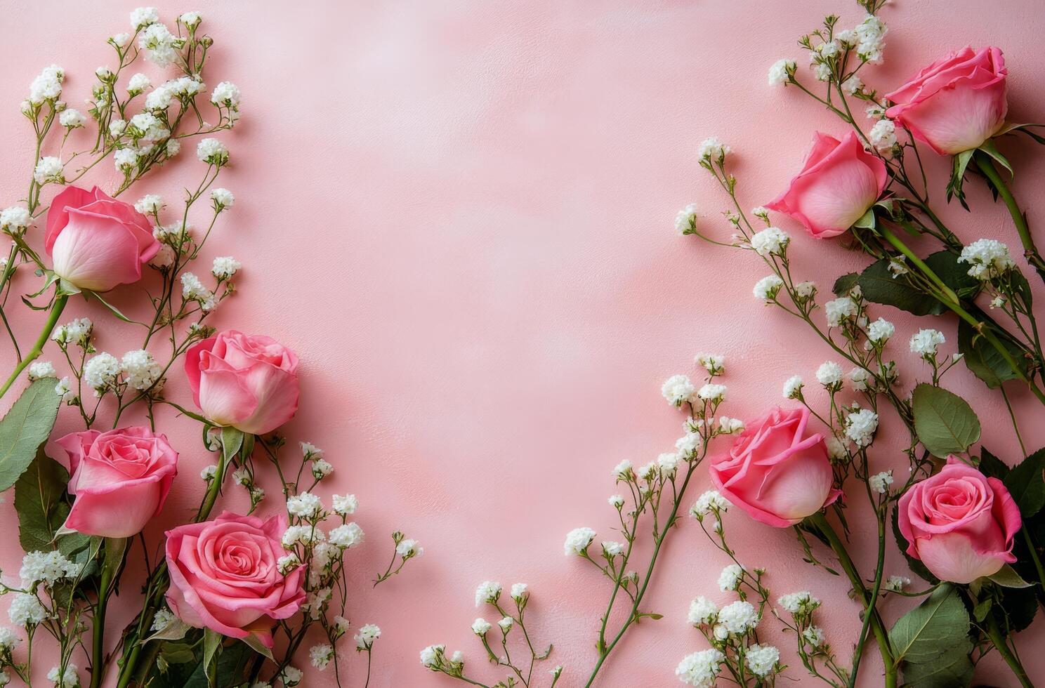 Beautiful arrangement of pink roses and white flowers on pastel background for a floral design photo