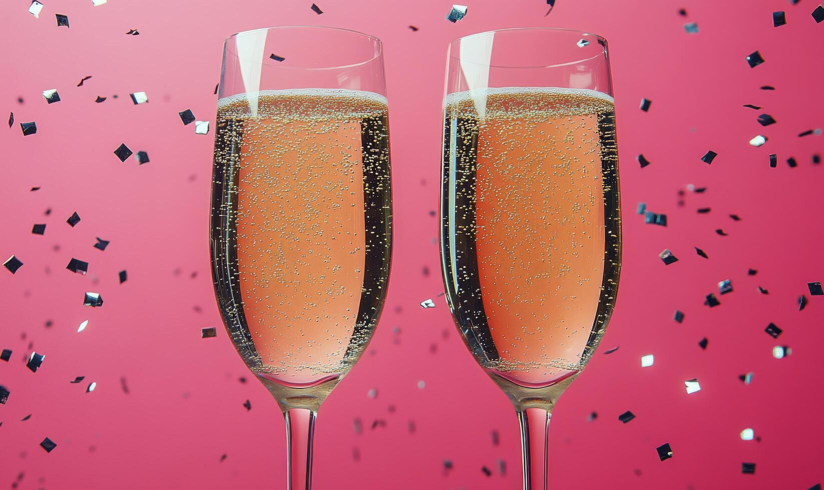 Celebratory sparkling drinks in elegant flutes on a pink backdrop with confetti scattered around photo