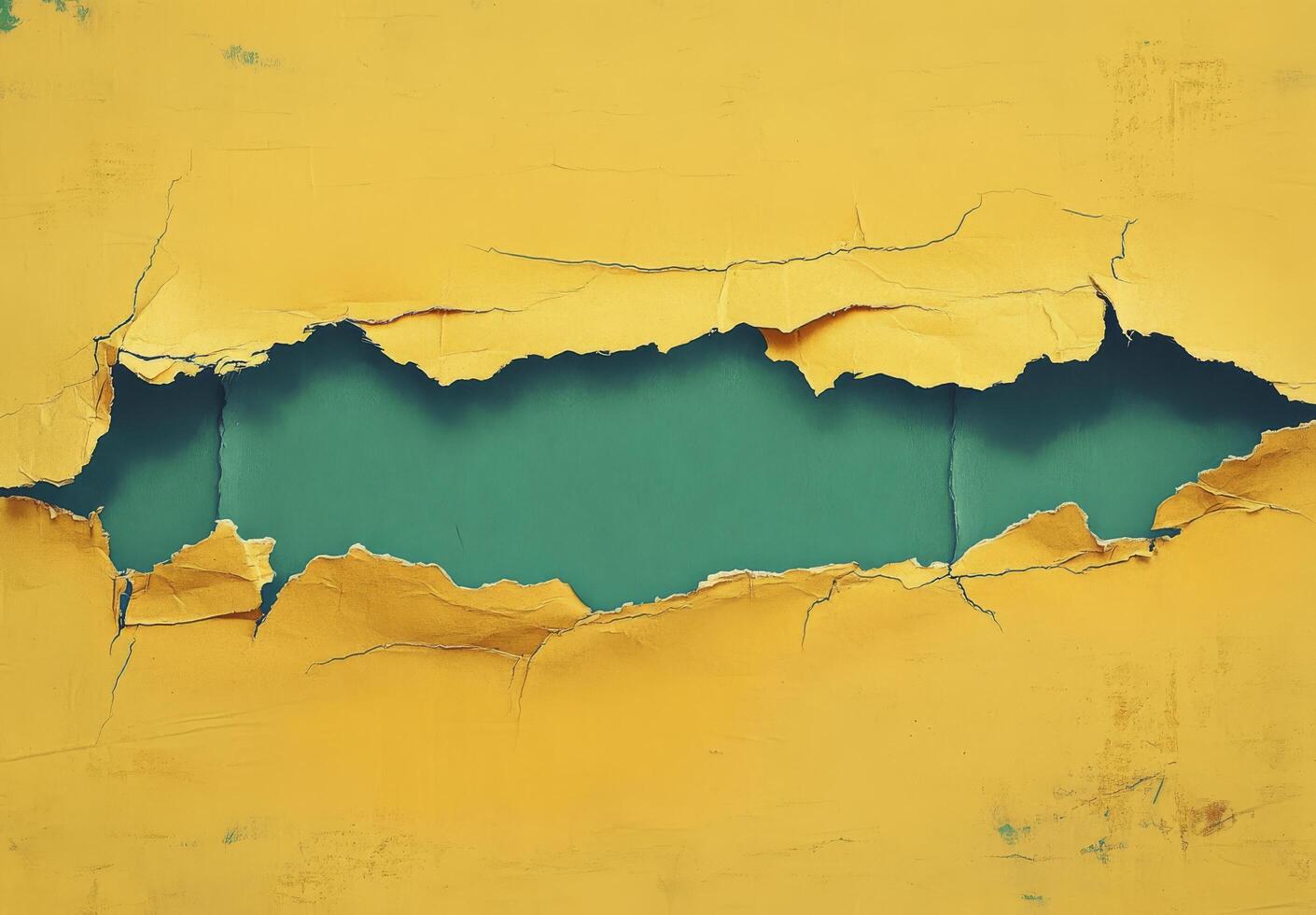 Artistic torn paper revealing tranquil ocean view with bright yellow background photo