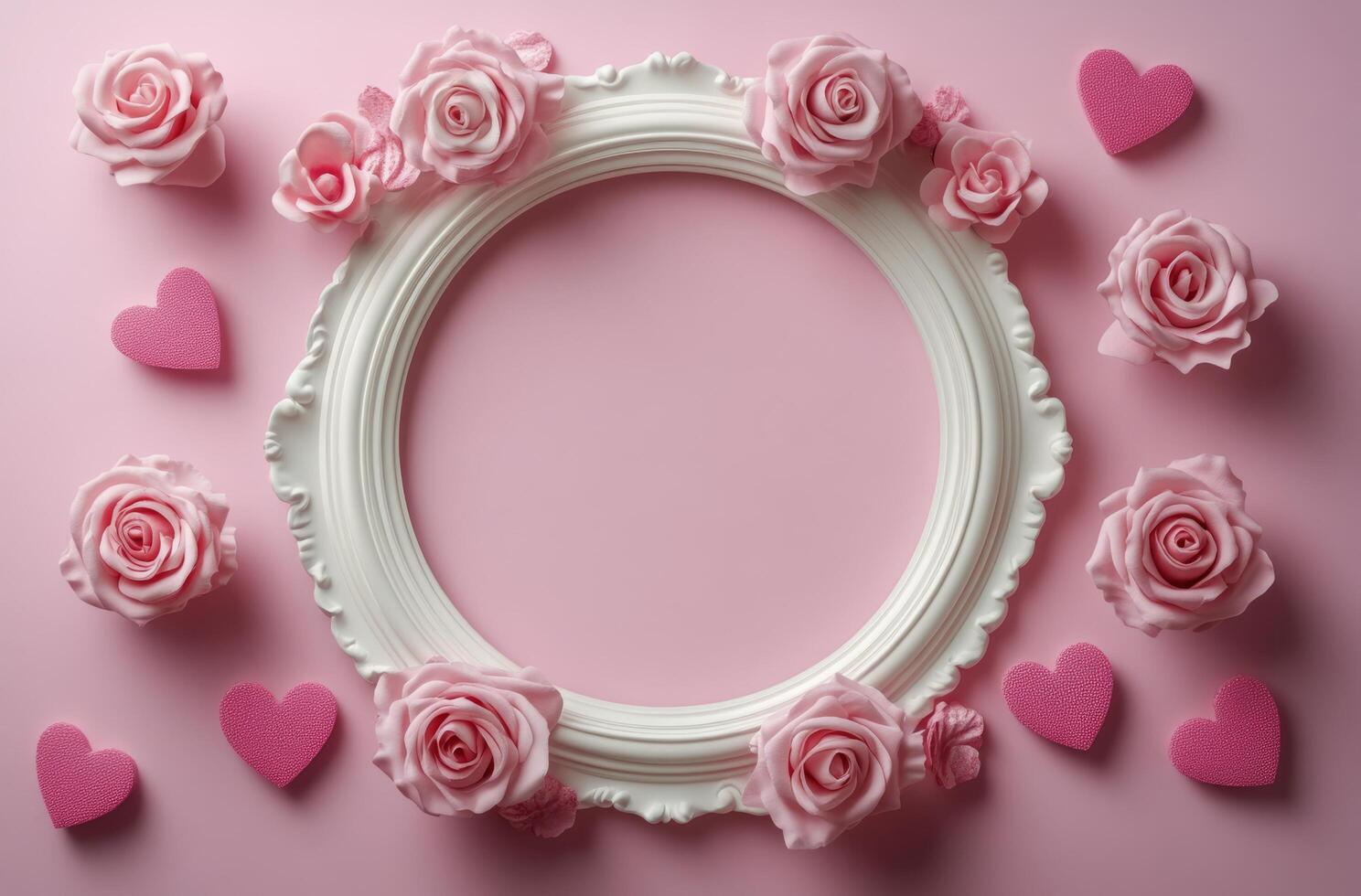 Cute white frame decorated with pink roses and hearts on a soft pink background photo